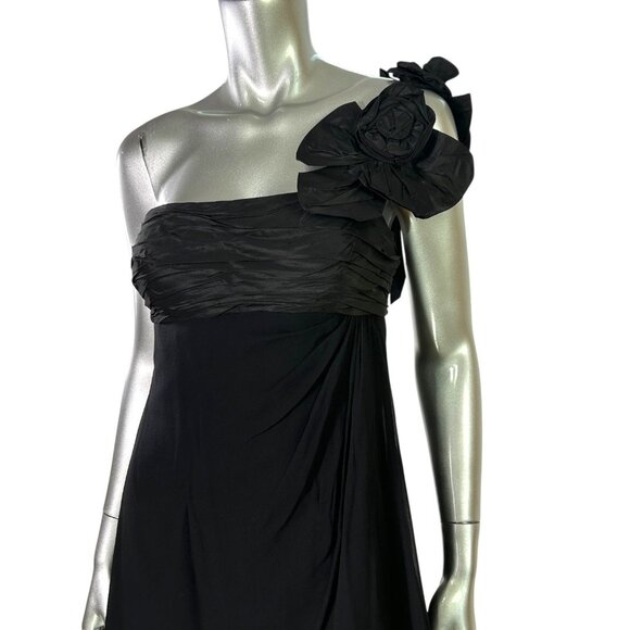 Ricky Freeman for Teri Jon One-Shoulder Black Silk Dress With Floral Accent 6 - Picture 2 of 13